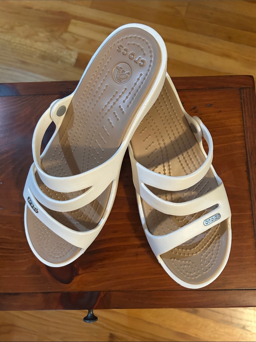 CROCS Women’s White Triple-Strap Sandals with Beige Footbed